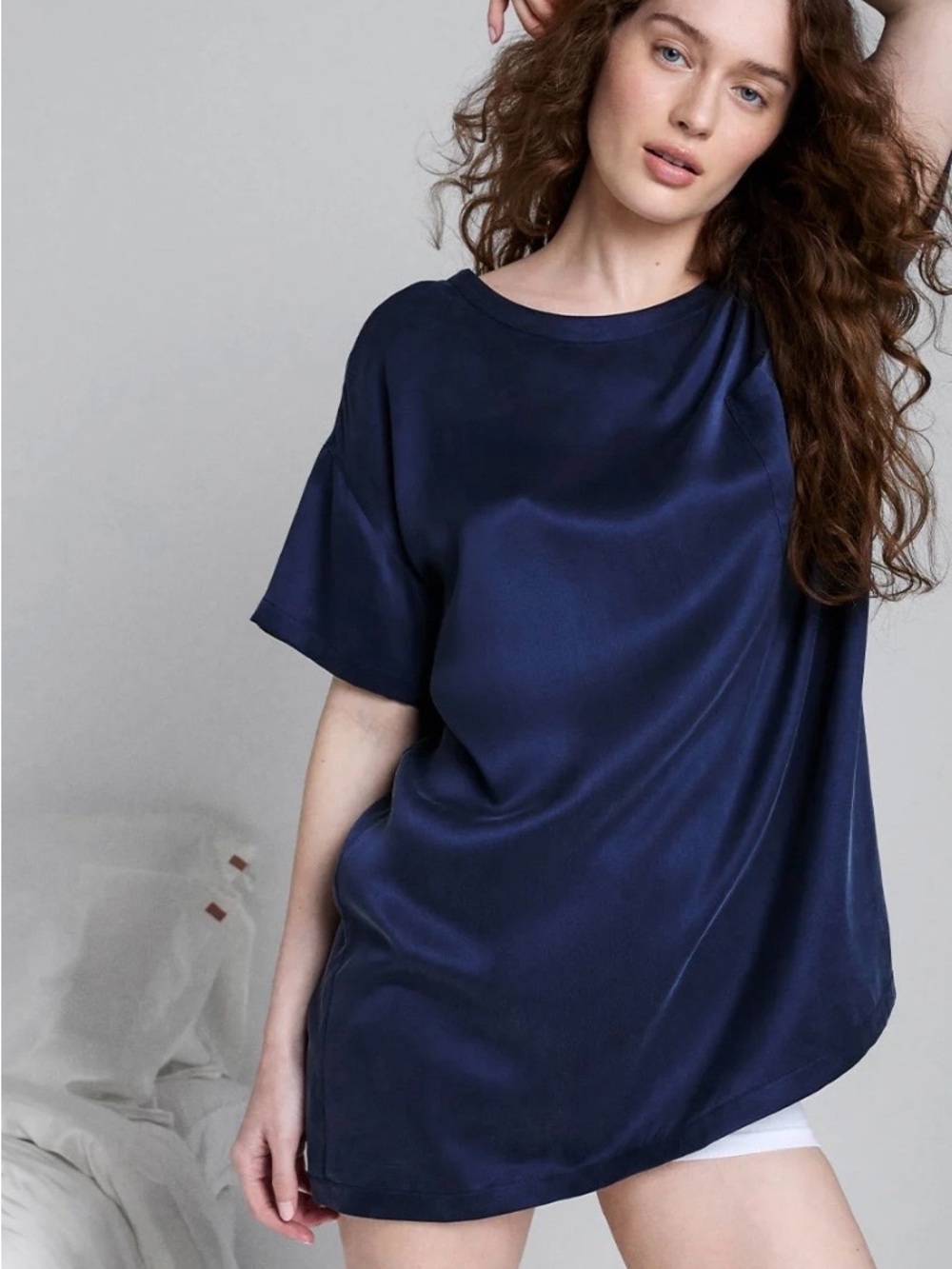 Lunya Navy 100% Silk Oversized Sleep Shirt